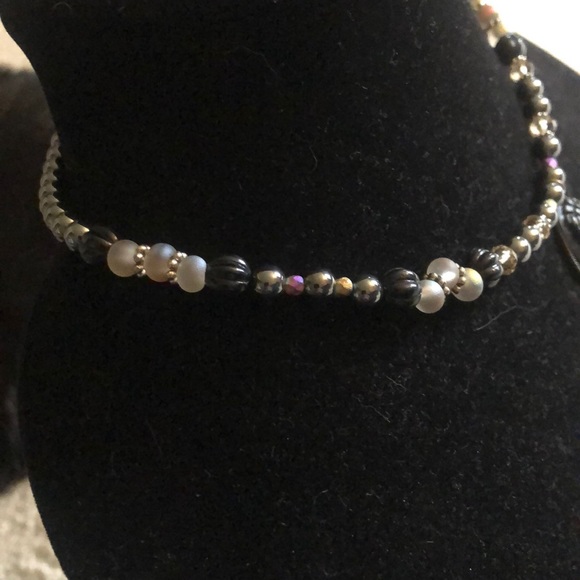 Hand crafted skeleton hand hematite Czech glass necklace - Picture 4 of 6